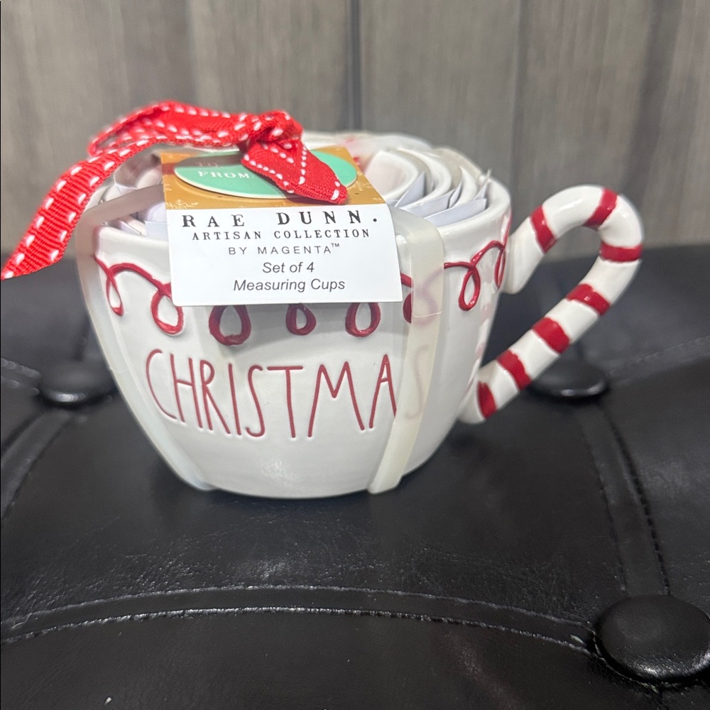 New Set Of 4 Christmas White With Red Ceramic Measuring Cups Rae Dunn With Tag